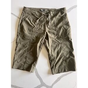 Prana Olive Green Stretch Outdoor Hiking Logo Capri Pants Cropped Womens M‎ EUC